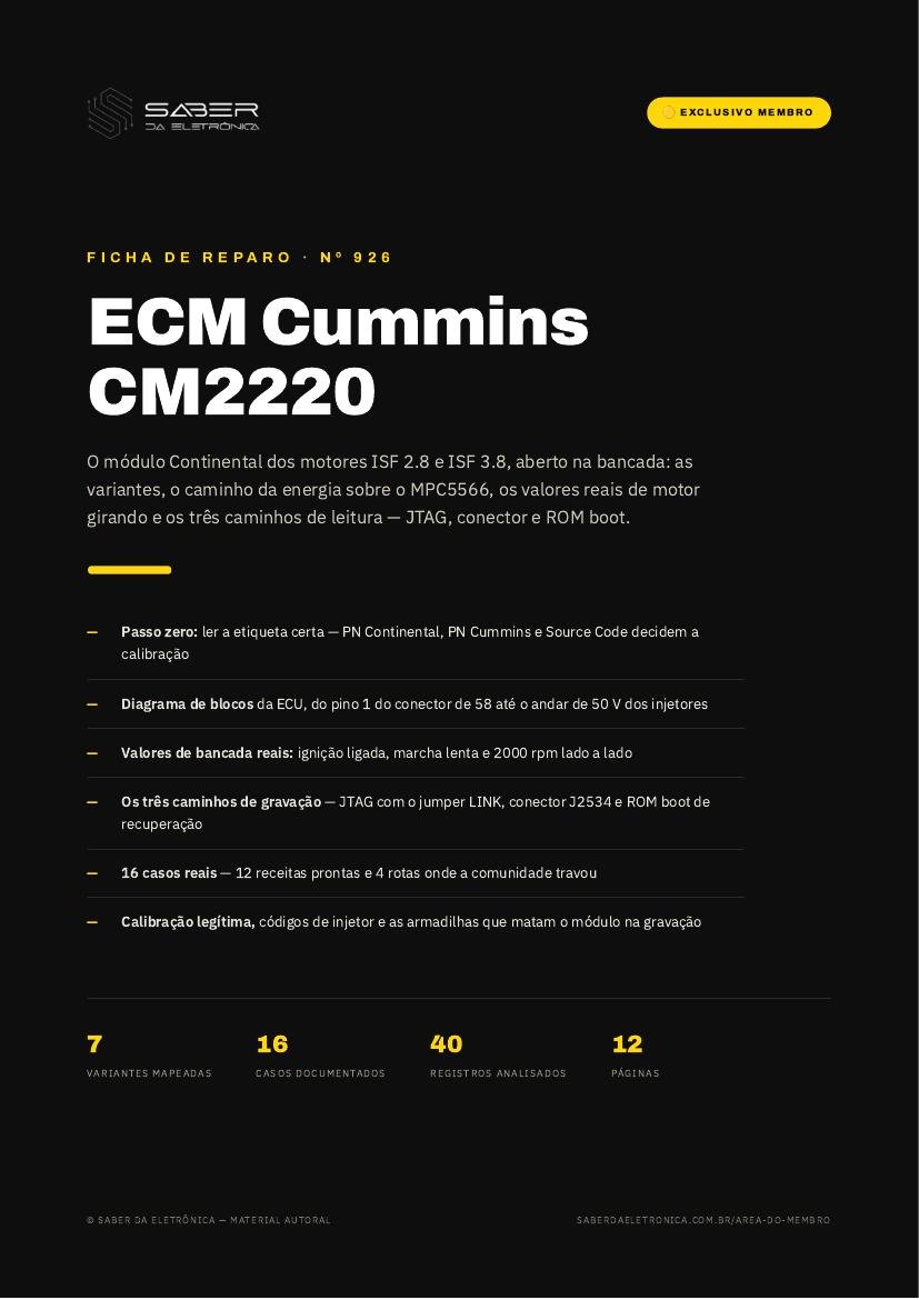 ECM Cummins CM2220 (ISF 2.8 / 3.8) — diagnóstico no veículo, bancada e gravação — Ficha de Reparo da placa