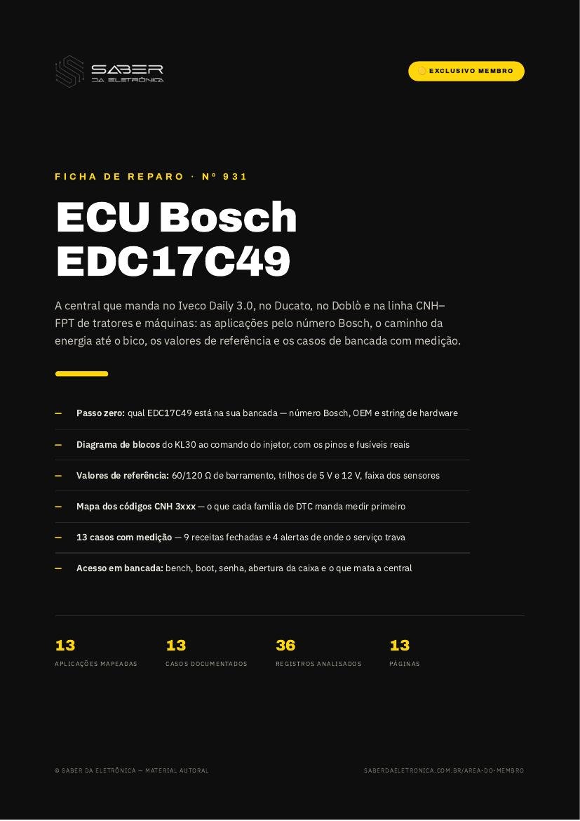 ECU Bosch EDC17C49 — Iveco Daily 3.0, Fiat Ducato e Doblò e a linha CNH-FPT de tratores e máquinas — Ficha de Reparo da placa