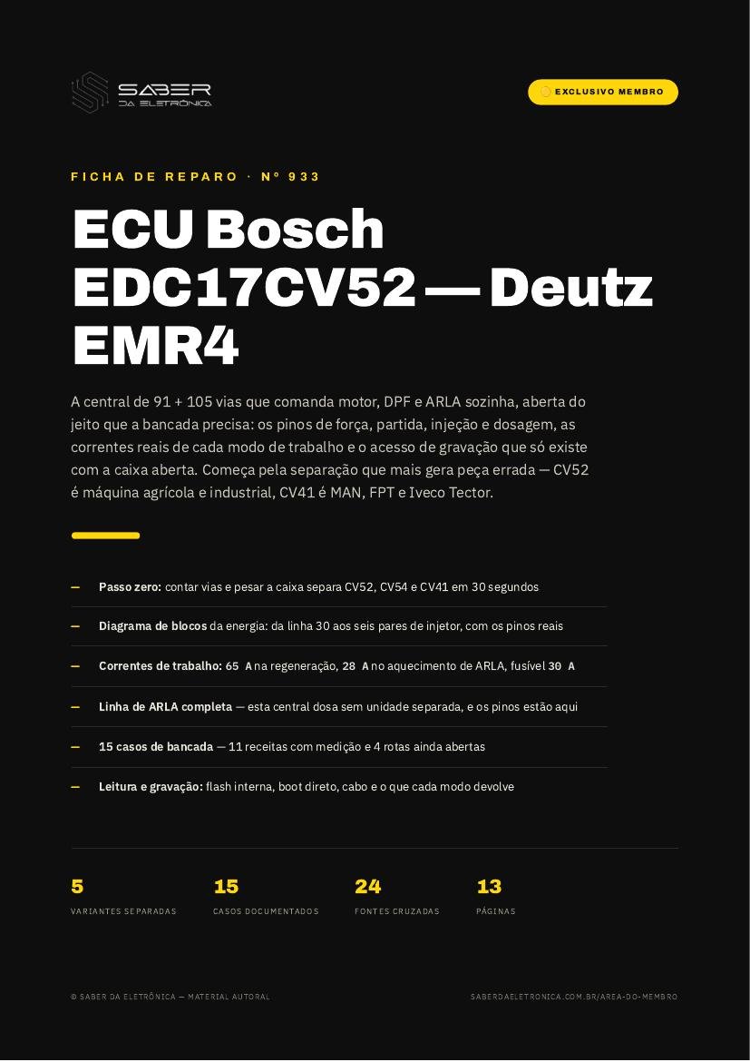 ECU Bosch EDC17CV52 (Deutz EMR4) e a separação da EDC17CV41 de MAN, FPT e Iveco Tector — Ficha de Reparo da placa