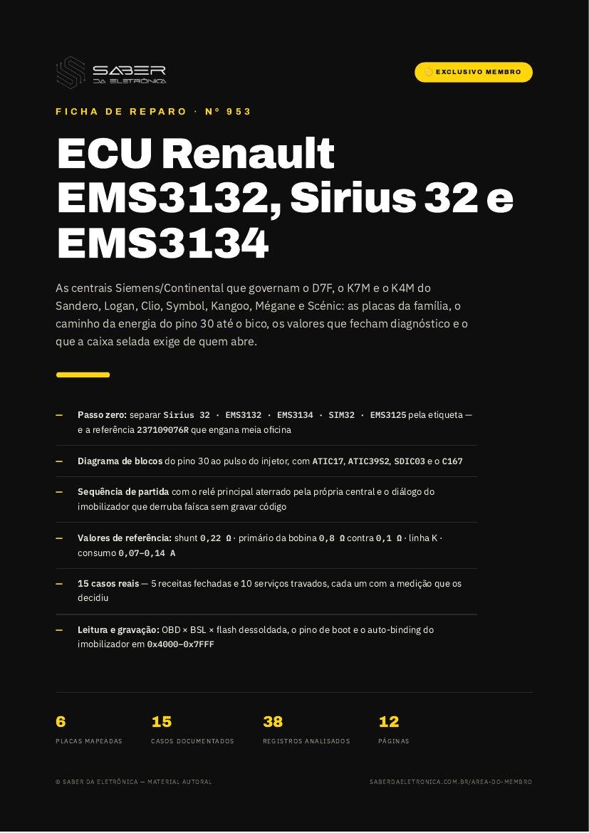 ECU Renault EMS3132, Sirius 32 e EMS3134 — Logan, Sandero, Clio e Symbol — Ficha de Reparo da placa