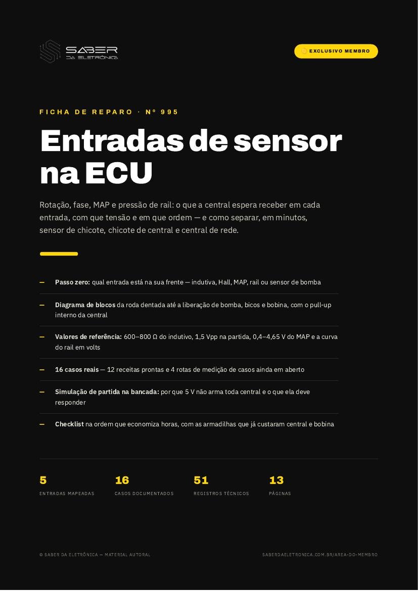 Entradas de sensor na ECU — rotação, fase, MAP e pressão de rail — Ficha de Reparo da placa